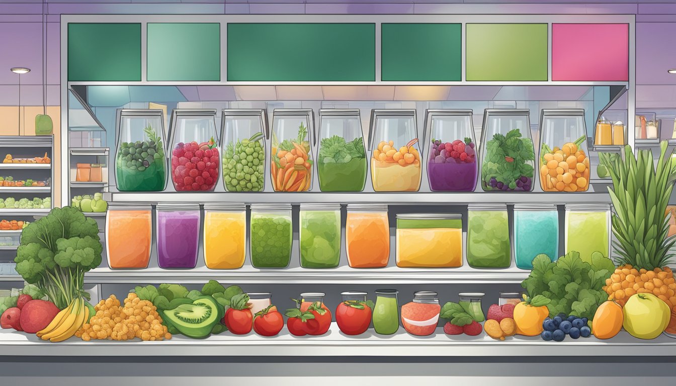 A vibrant display of colorful smoothie ingredients arranged neatly on a counter, surrounded by fresh fruits and vegetables. A menu board hangs above, listing various healthy options