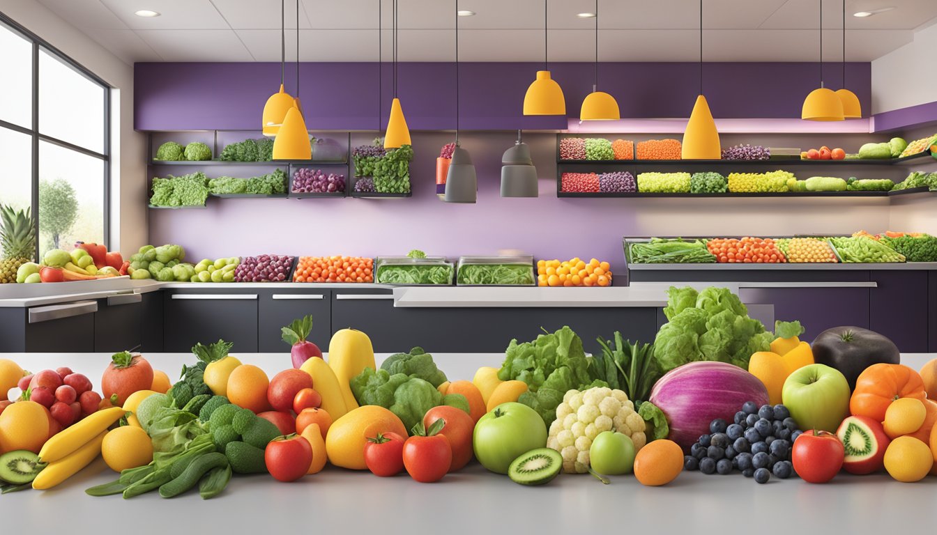 A colorful array of fresh fruits and vegetables displayed on a clean, modern countertop at Smoothie King