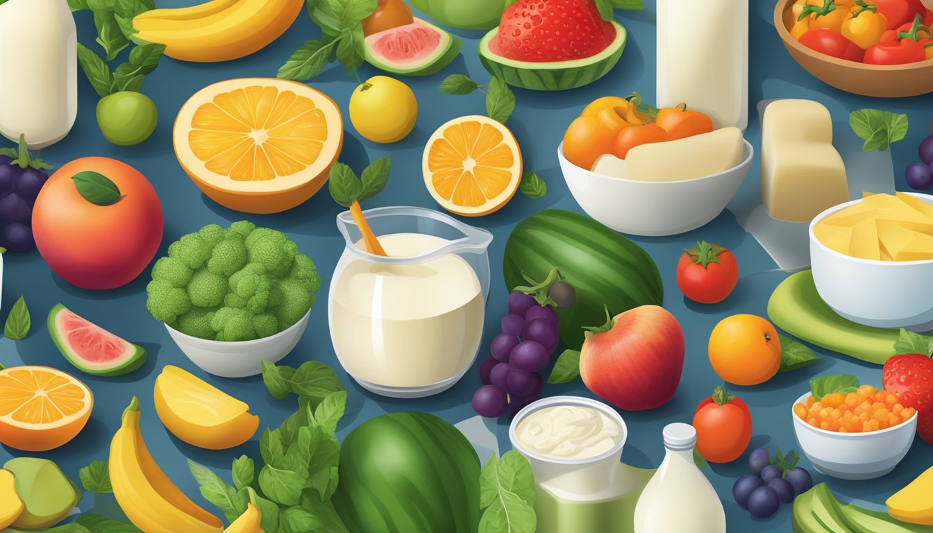 A colorful array of fresh fruits and vegetables, alongside low-fat dairy products and natural sweeteners, all arranged on a clean, modern countertop