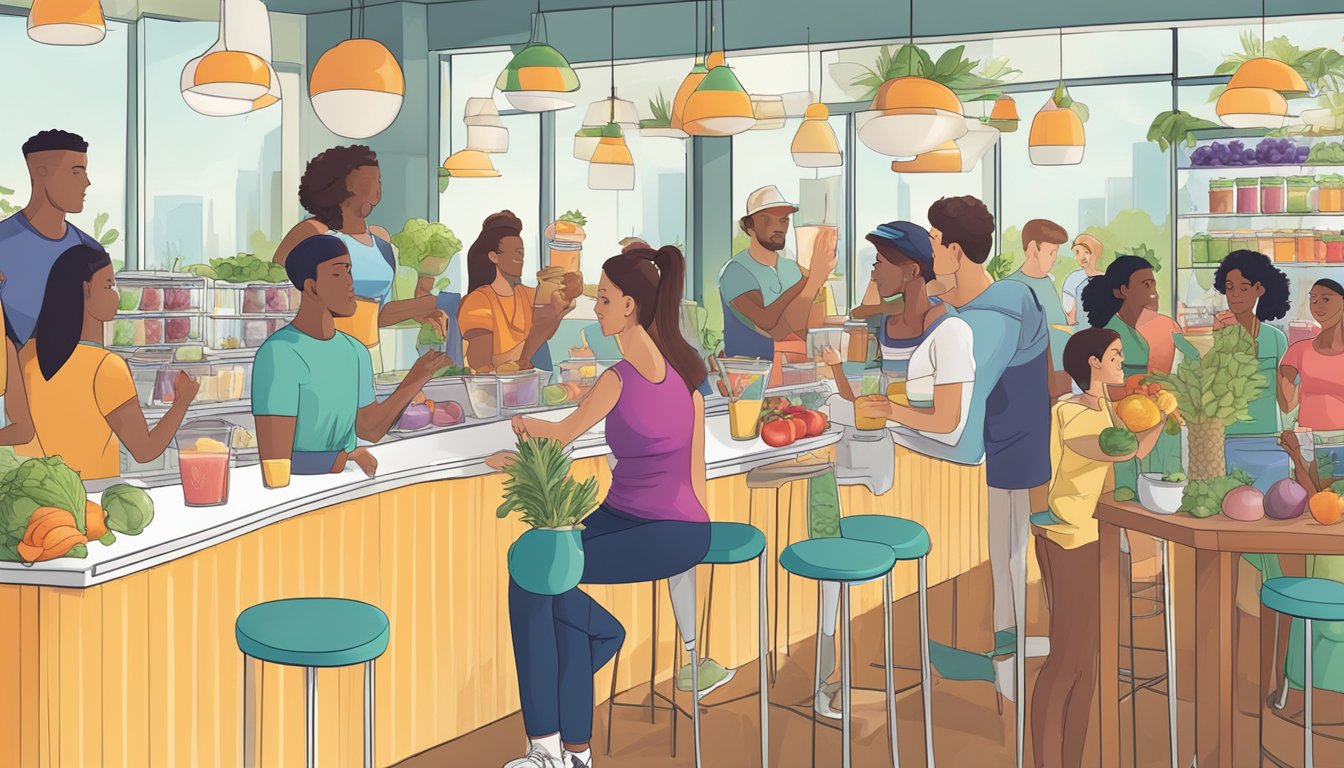 A vibrant smoothie bar with fresh fruits, vegetables, and protein powders displayed, surrounded by active individuals enjoying their Fitness Blends