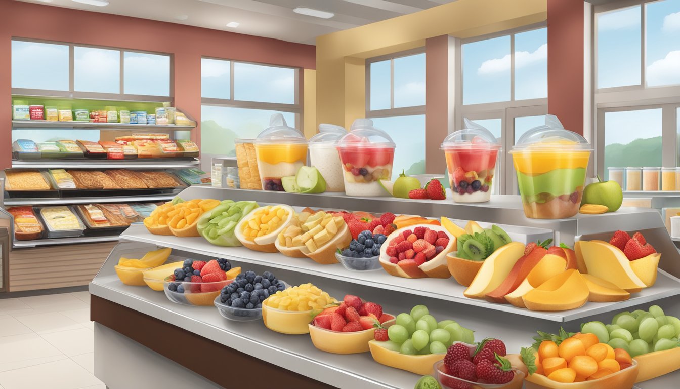 A colorful display of fresh fruits, yogurt parfaits, and whole grain breakfast sandwiches at Wawa