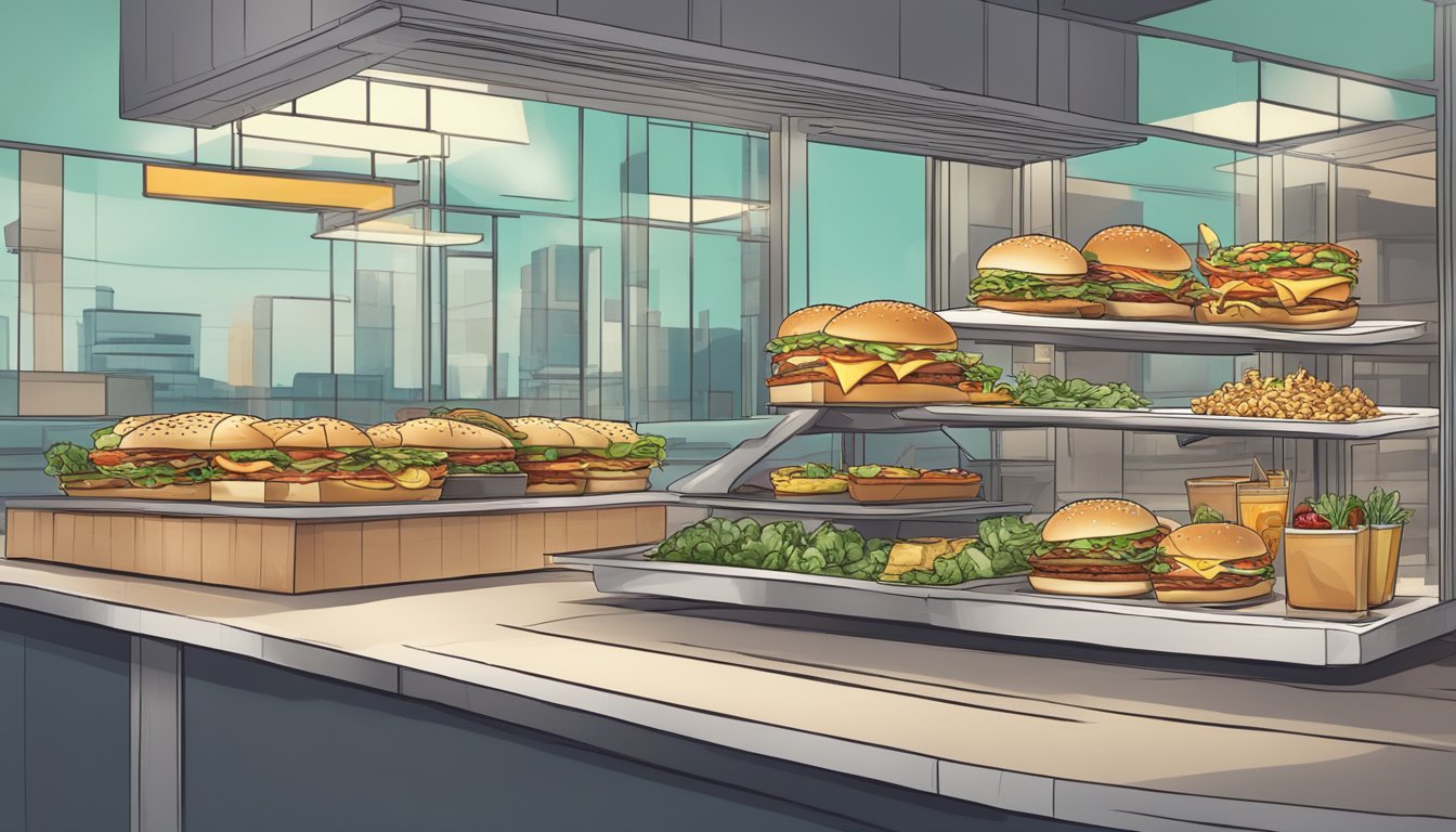 A fast food restaurant with limited healthy options, showcasing unhealthy menu items and a small, unappealing salad selection