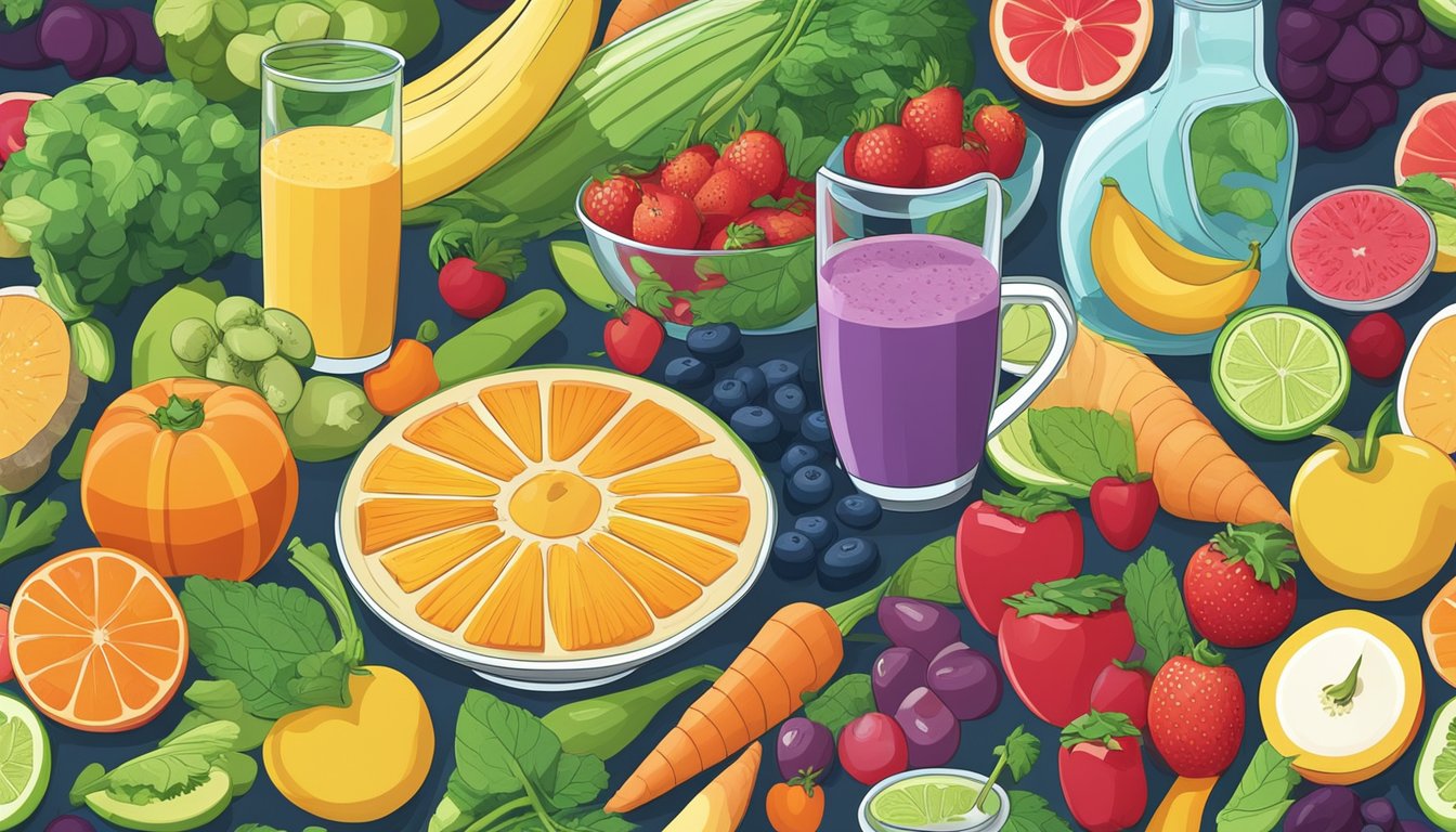 A colorful array of fresh fruits and vegetables, surrounded by bottles of vitamins and supplements, with a blender and a glass of nutrient-packed smoothie