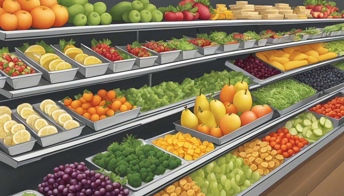 A colorful display of fresh fruits, salads, and vegetable trays at Wawa, with neatly arranged snack options and sides