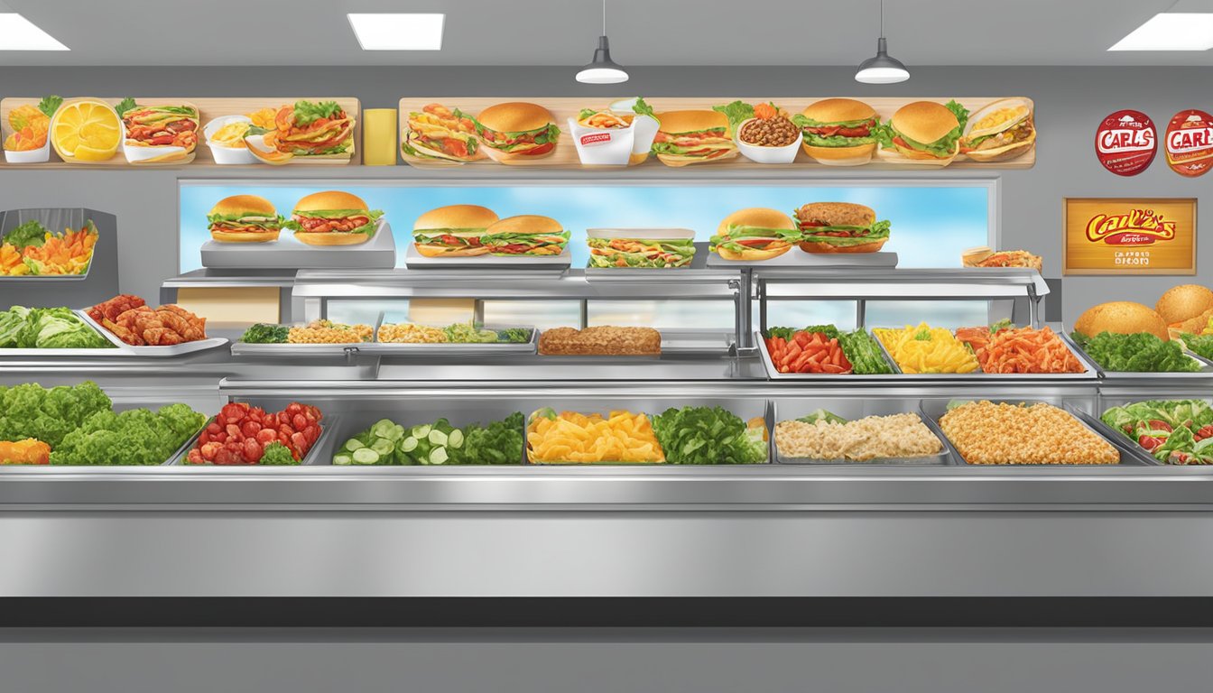 A colorful display of fresh salads, grilled chicken sandwiches, and fruit cups at a Carl's Jr. Nutrition counter