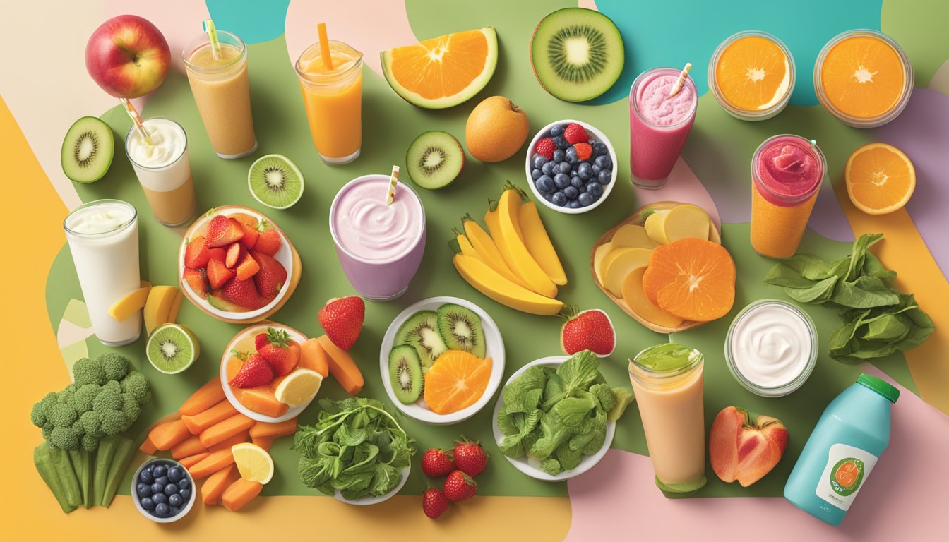 A colorful display of non-dairy and plant-based ingredients at Jamba Juice, including fresh fruits, vegetables, and alternative milk options