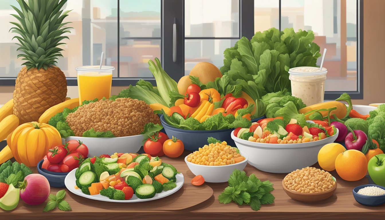 A table with a variety of fresh vegetables, lean proteins, and whole grains, surrounded by vibrant fruits and herbs, with a menu of healthy options from Carl's Jr. displayed nearby