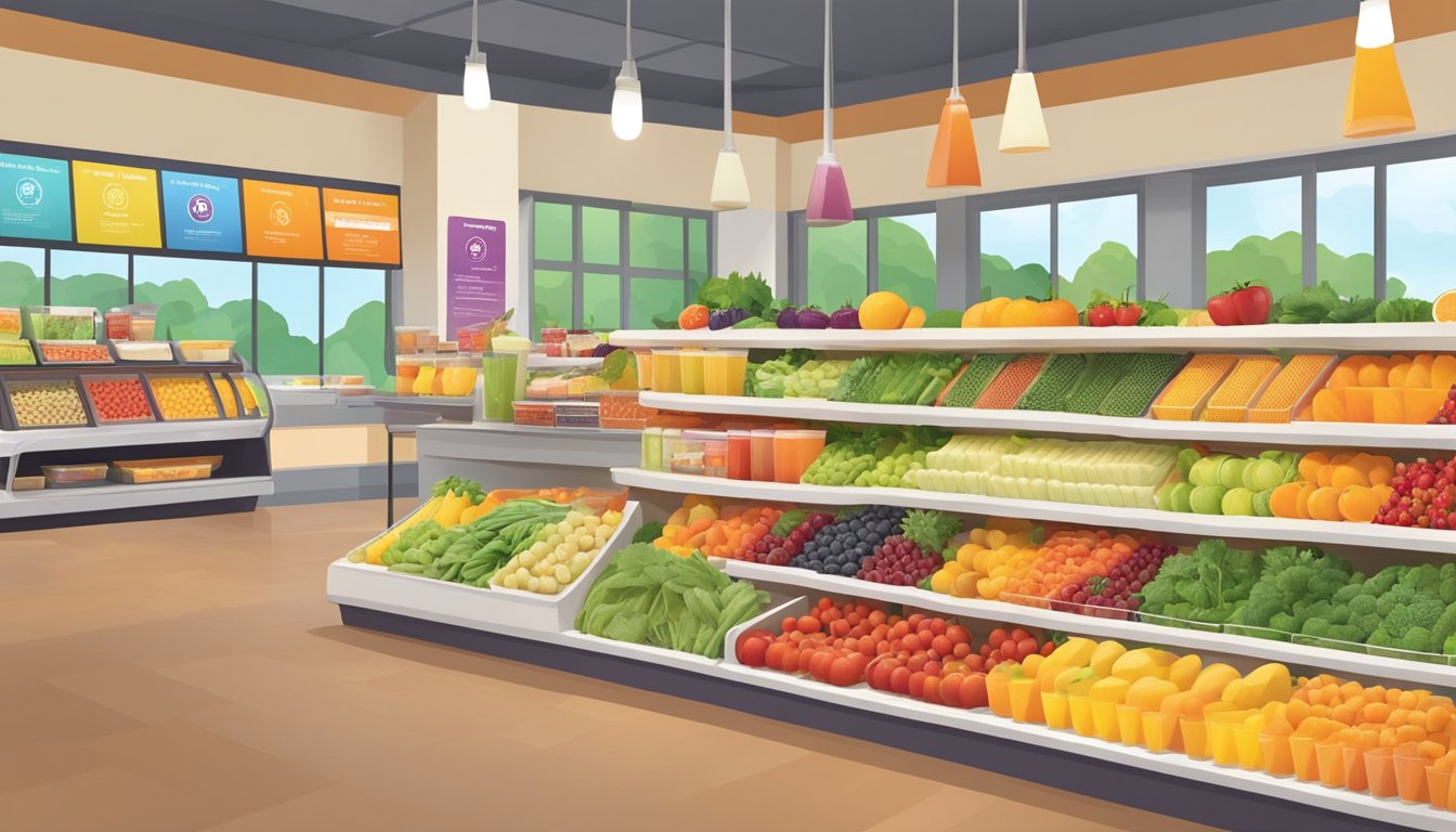 A colorful display of fresh fruits and vegetables, along with smoothie and juice options, at a Jamba Juice store