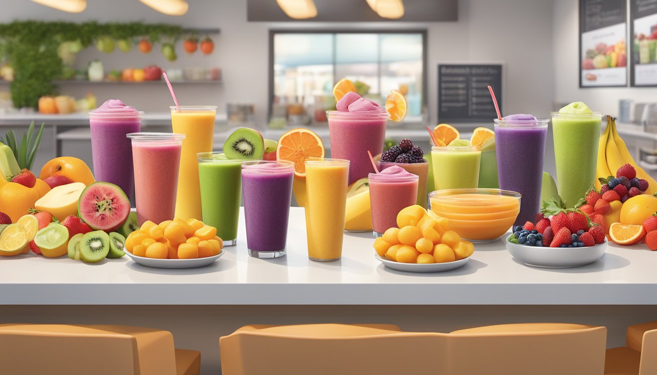 A colorful display of fresh fruits, smoothies, and small bites arranged on a clean, modern counter at Jamba Juice