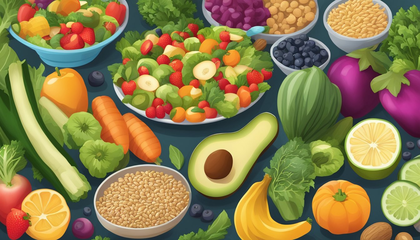 A colorful spread of fresh vegetables, fruits, and whole grains, with a variety of low-sodium and low-sugar options, displayed in a welcoming and vibrant setting