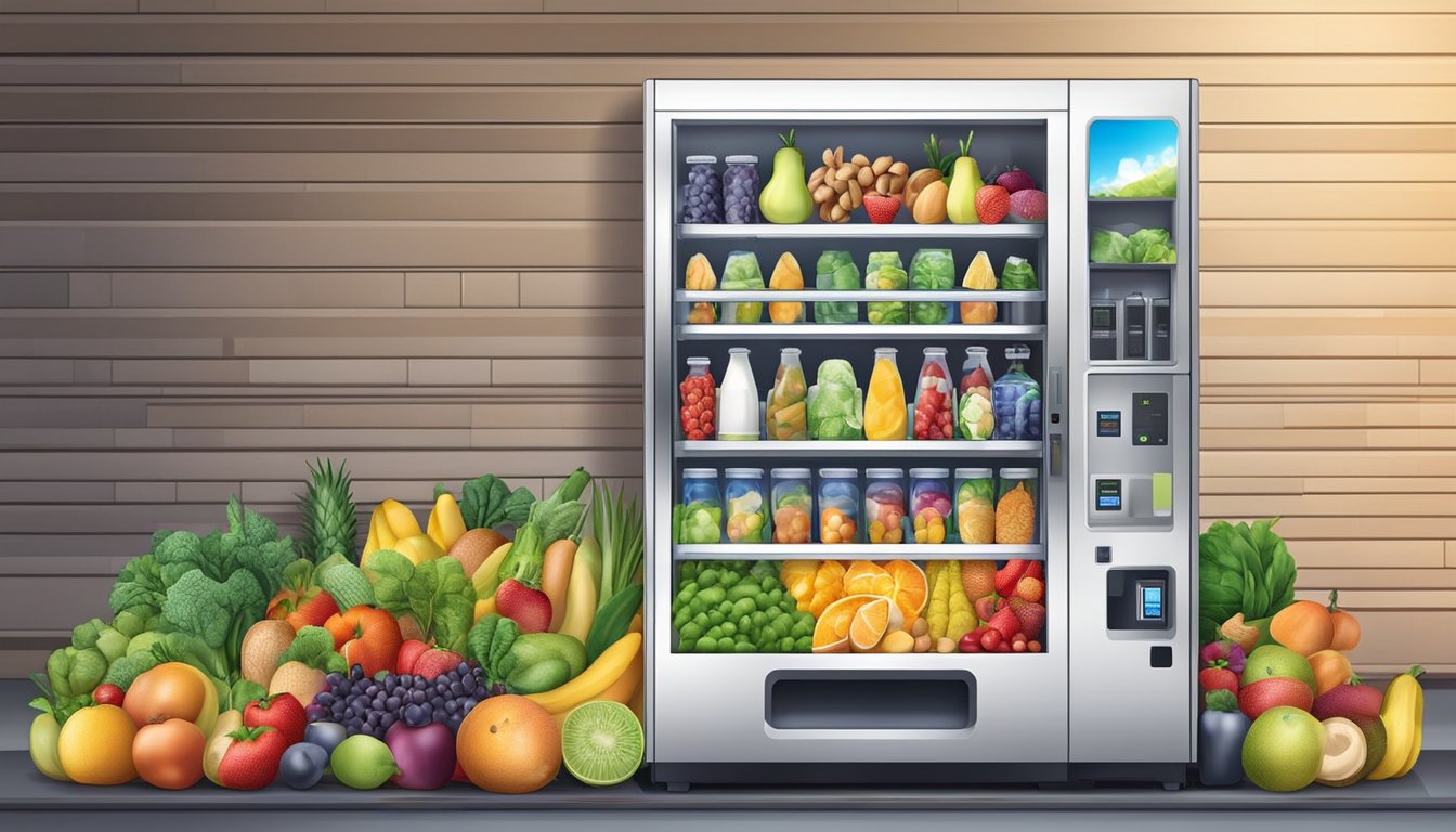 A vending machine displaying a variety of fresh fruits, vegetables, yogurt, nuts, and bottled water