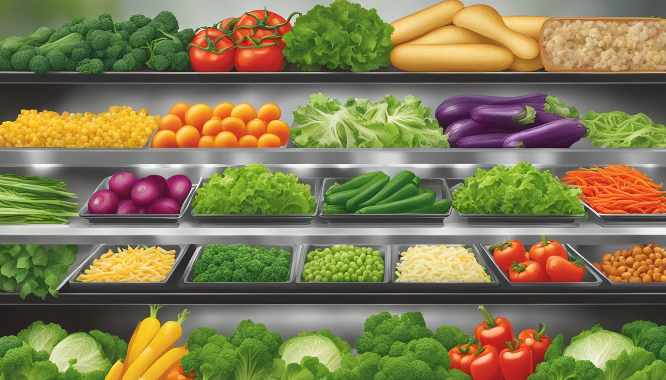 A colorful array of fresh vegetables and greens arranged on a display counter at Carl's Jr, showcasing their healthy salad selections