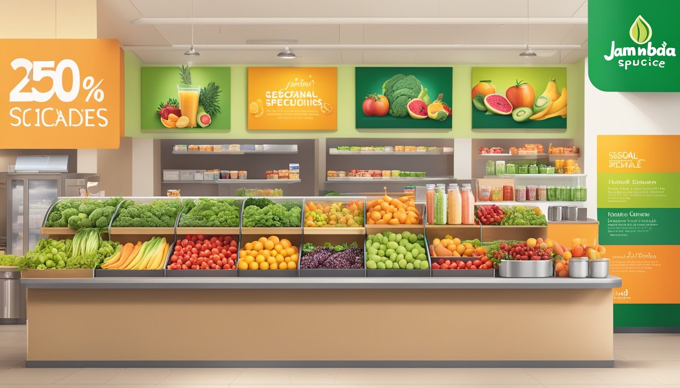 A colorful display of fresh fruits and vegetables, surrounded by vibrant smoothies and juices, with signs highlighting seasonal specials and limited-time offers at Jamba Juice