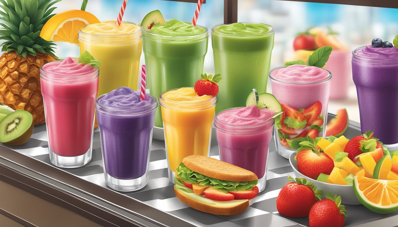 A colorful display of fresh fruit smoothies and salads at a Carl's Jr. restaurant