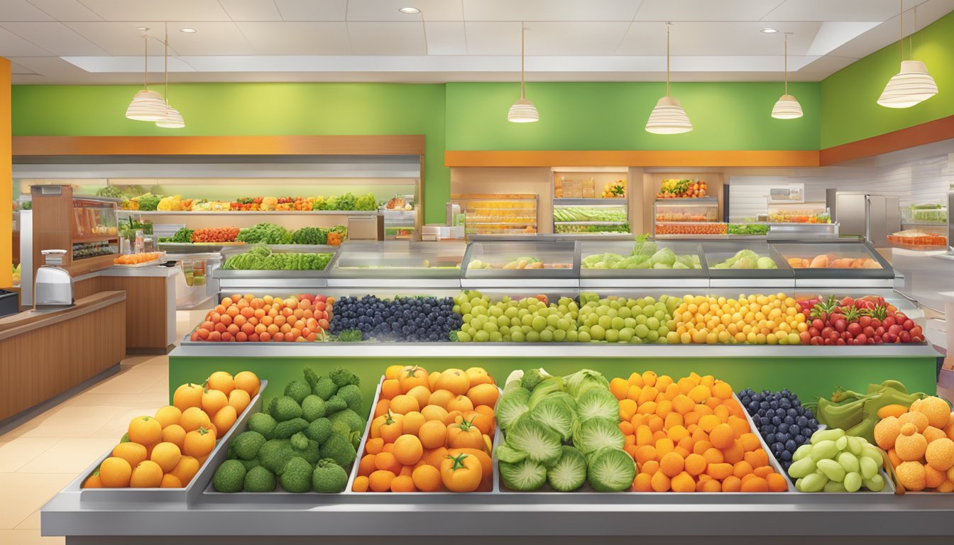 A colorful array of fresh fruits and vegetables displayed in a vibrant, inviting setting at a Jamba Juice store