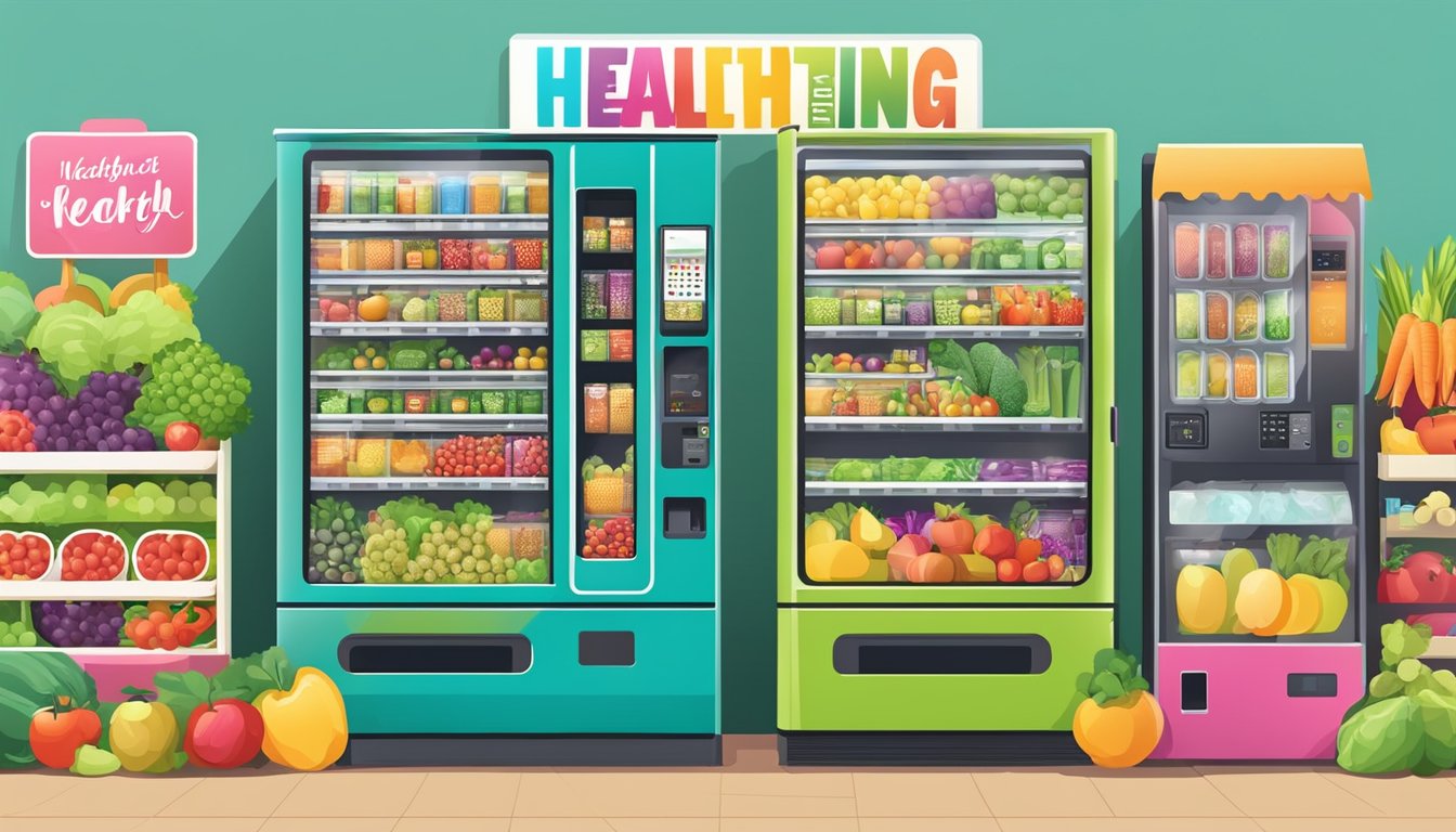 A vending machine filled with fresh fruits and vegetables, surrounded by colorful signage promoting healthy eating