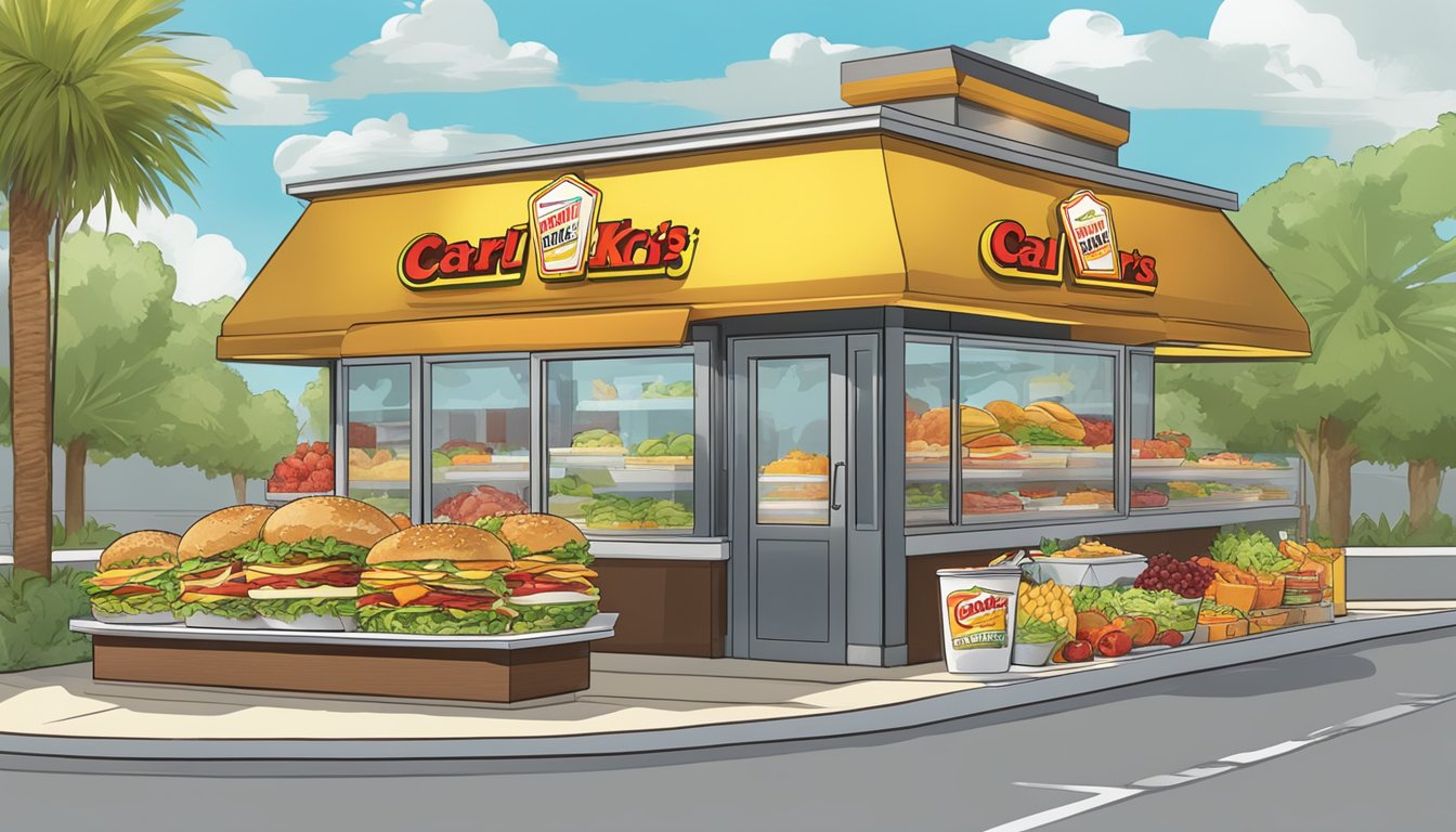 A colorful display of fresh salads, grilled chicken sandwiches, and fruit cups at a Carl's Jr. restaurant, with a sign promoting seasonal and limited-time healthy options