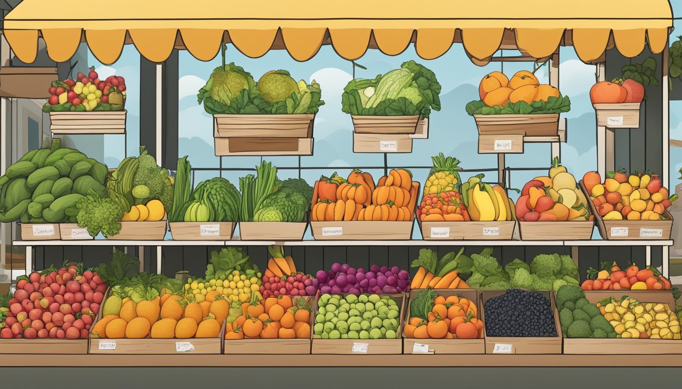 A colorful array of fruits and vegetables arranged in a market display, with a sign promoting the "Healthy Options Allowance Program."