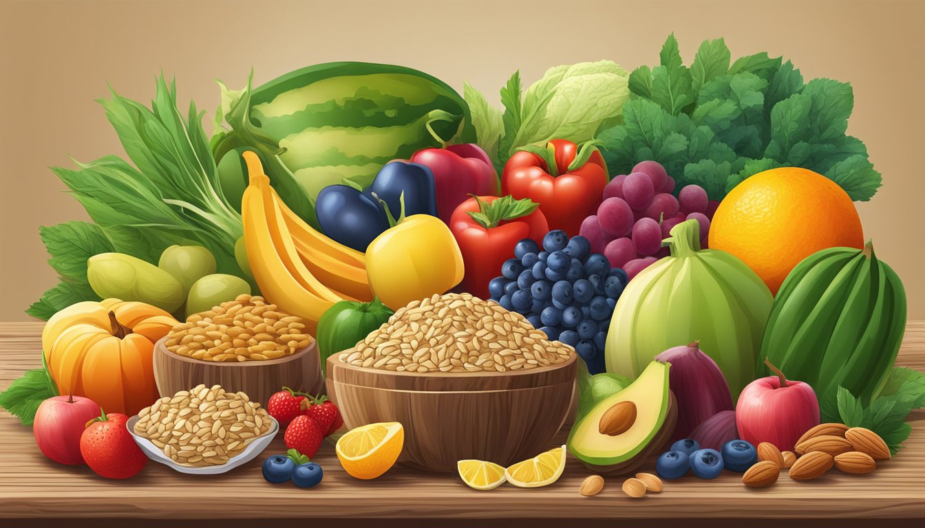 A colorful array of fresh fruits, vegetables, nuts, and whole grains arranged on a wooden table