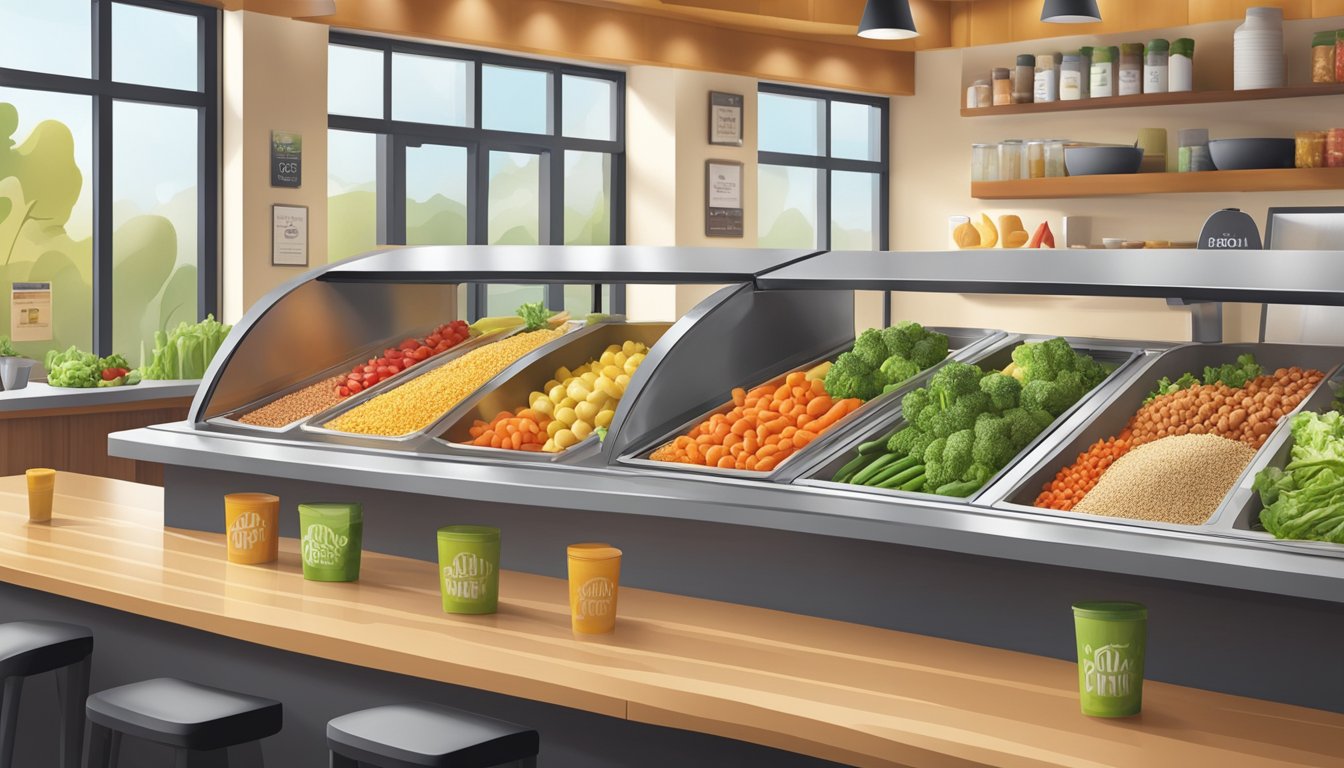 A colorful array of fresh ingredients, including vibrant vegetables, lean proteins, and whole grains, displayed on a clean, modern counter at a Qdoba restaurant