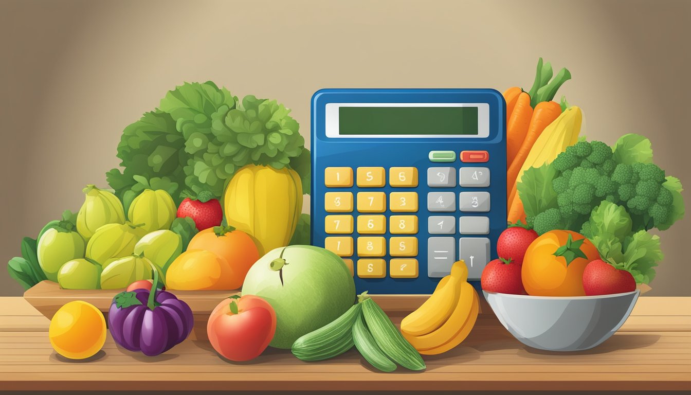 A colorful array of fresh fruits and vegetables displayed on a table, with a scale and calculator nearby