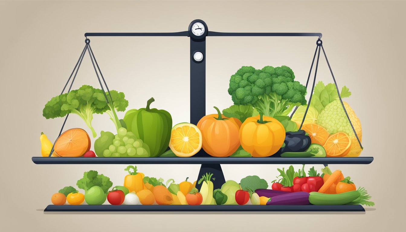 A scale weighing fruits and vegetables, with a chart showing increasing healthy food purchases over time