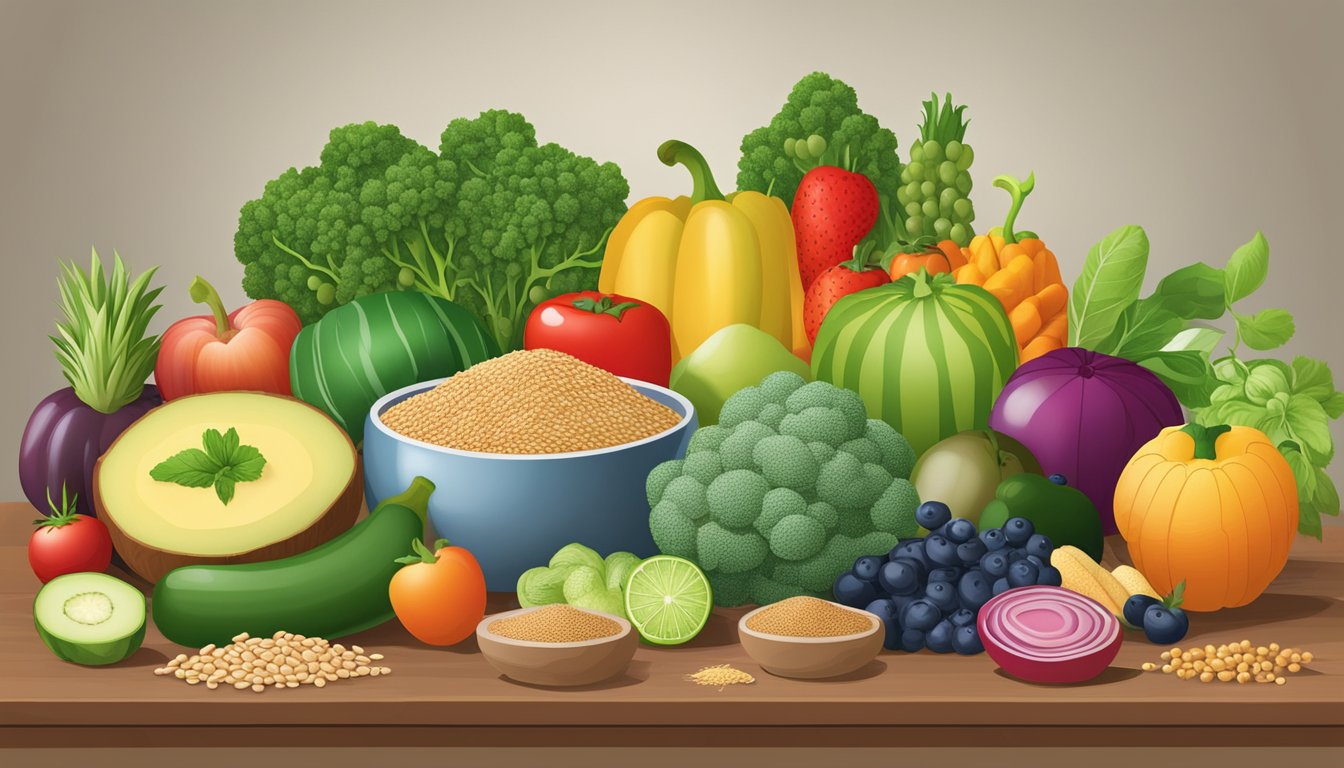 A variety of fresh fruits and vegetables arranged on a table, with whole grains and lean proteins displayed nearby