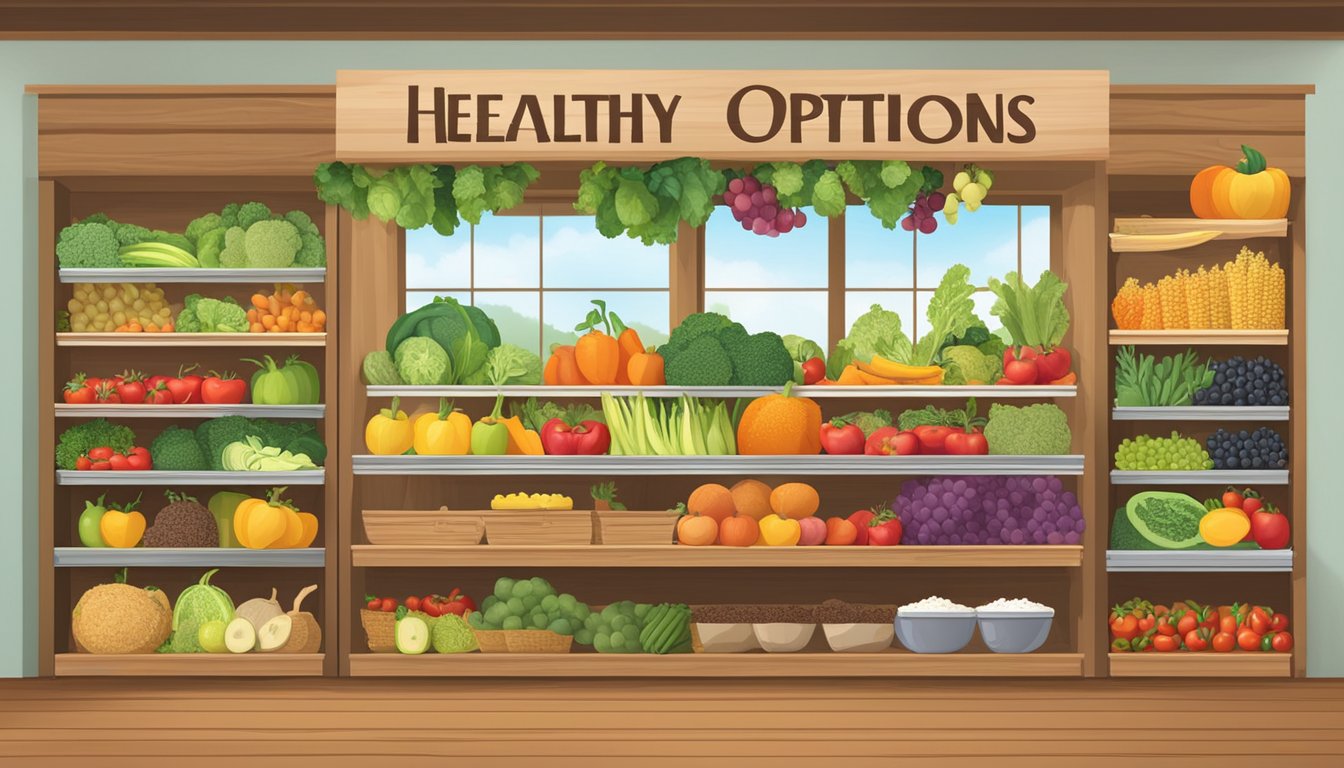 A bright, inviting corner with fresh fruits, vegetables, and whole grains displayed on wooden shelves. A sign with the words "Healthy Options" hangs above the colorful produce