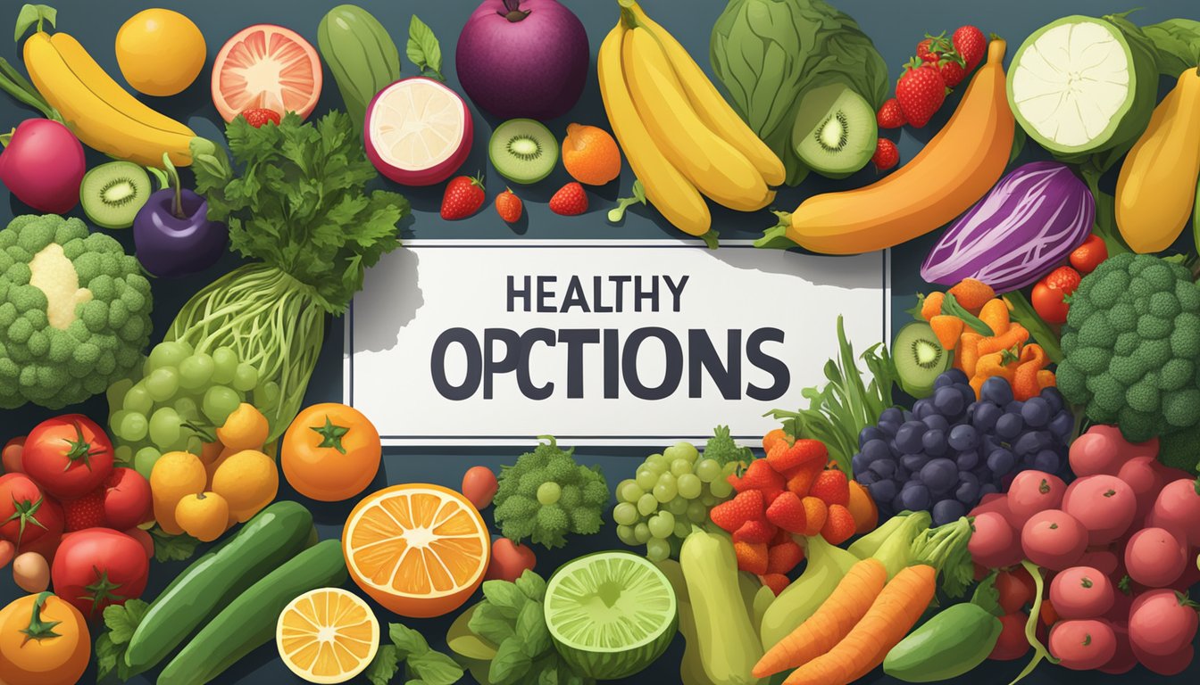 A colorful array of fresh fruits and vegetables arranged on a table, with a sign reading "Healthy Options Corner" above