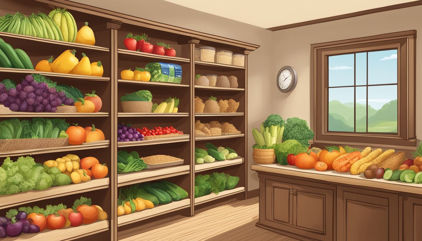 A bright and inviting corner with fresh fruits, vegetables, and whole grains neatly displayed on wooden shelves. A small sign indicates "Healthy Options."