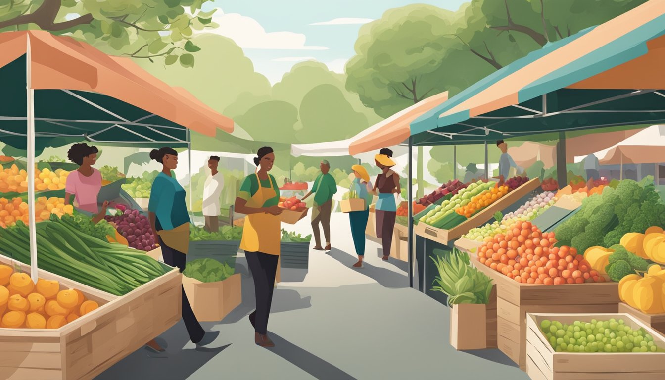 A vibrant farmers' market with fresh produce, eco-friendly packaging, and a focus on sustainable sourcing