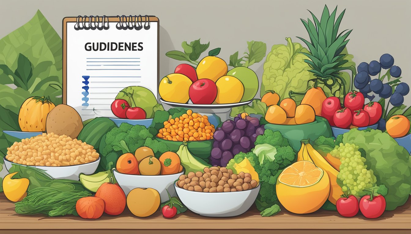 A colorful array of fruits, vegetables, whole grains, and lean proteins arranged on a table with a "Nutritional Guidelines for Healthy Choices" sign displayed nearby