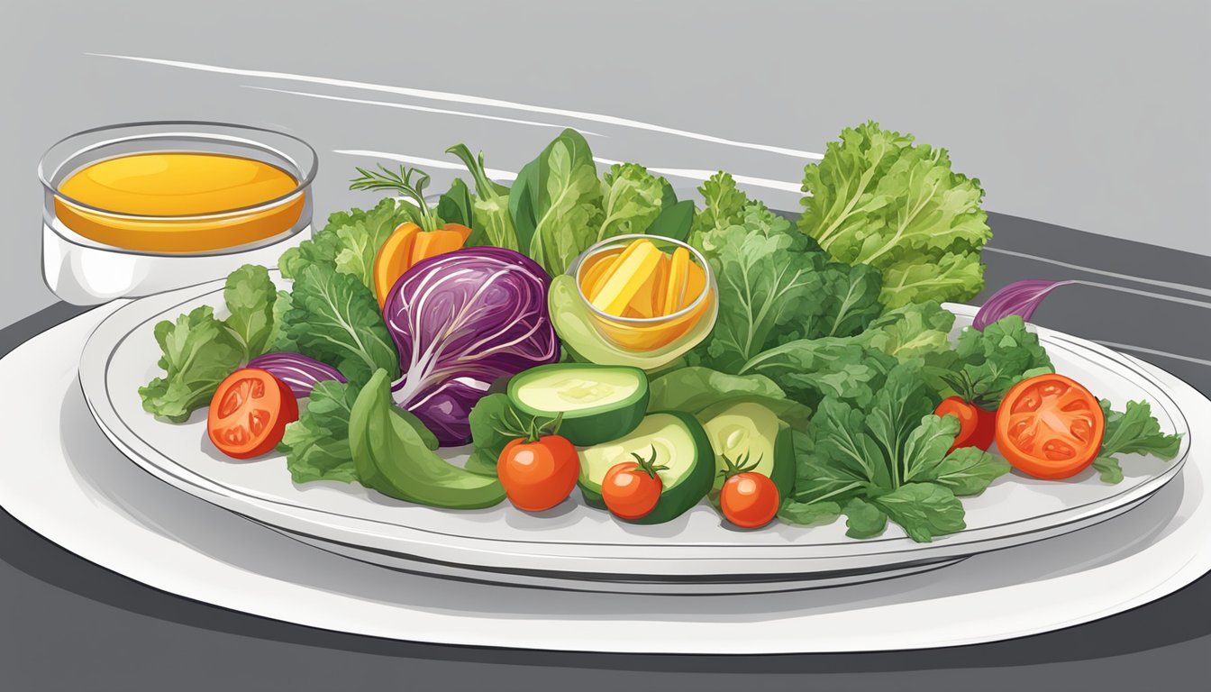 A colorful array of fresh vegetables and lean proteins arranged on a clean, white plate, with a side of mixed greens and a light vinaigrette