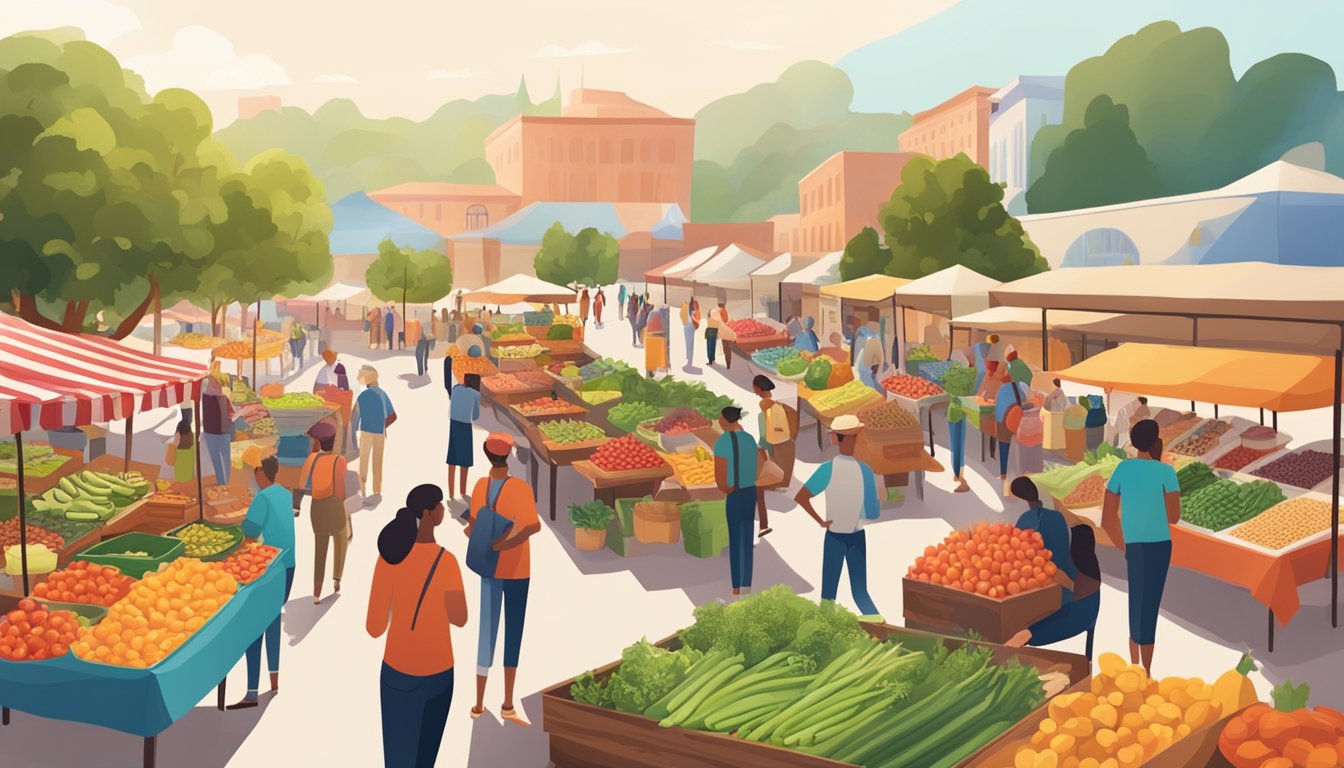 A vibrant farmers' market with colorful fruits, vegetables, and whole grains displayed on tables, surrounded by people choosing heart-healthy options