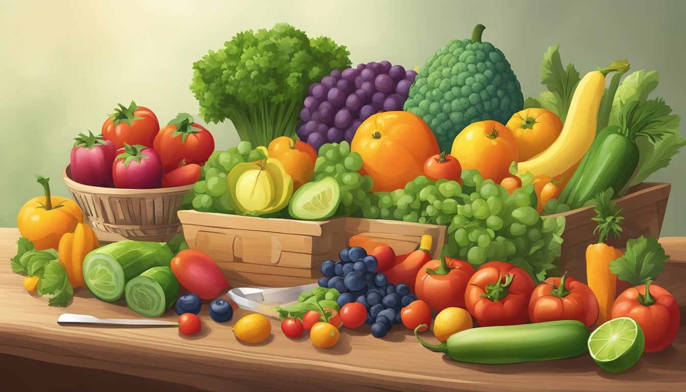 A colorful array of fresh fruits and vegetables displayed on a table, with a scale and measuring tape nearby