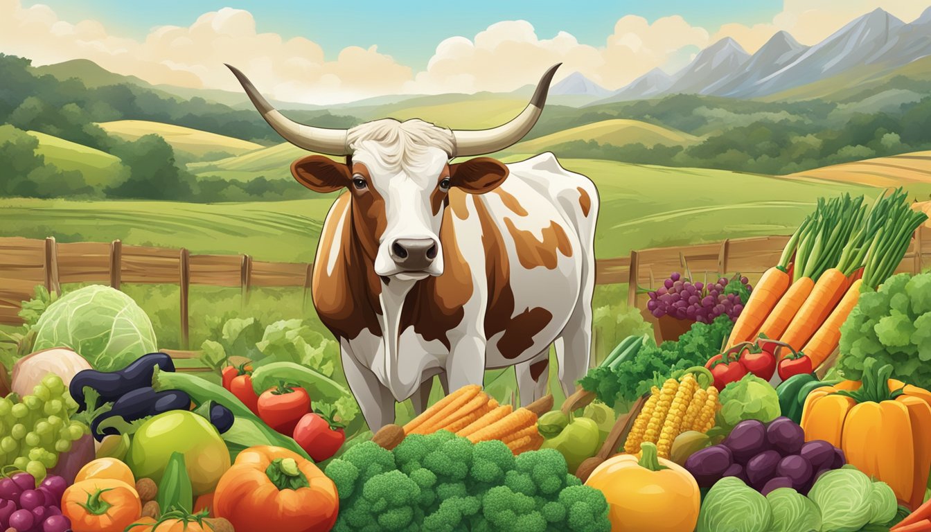 A longhorn grazing in a field surrounded by a variety of healthy food options such as fresh vegetables, fruits, and grains