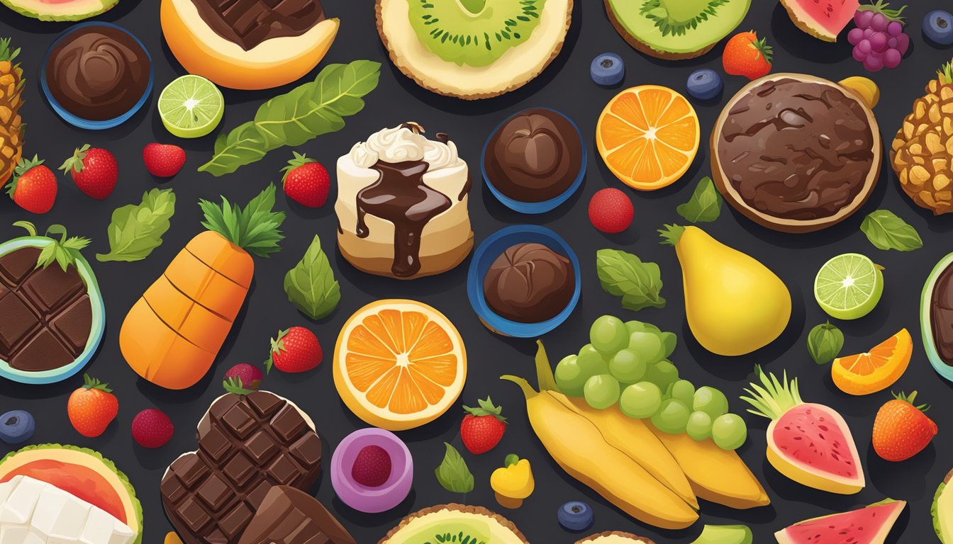 A colorful spread of fresh fruits and vegetables displayed alongside decadent desserts and rich, dark chocolate