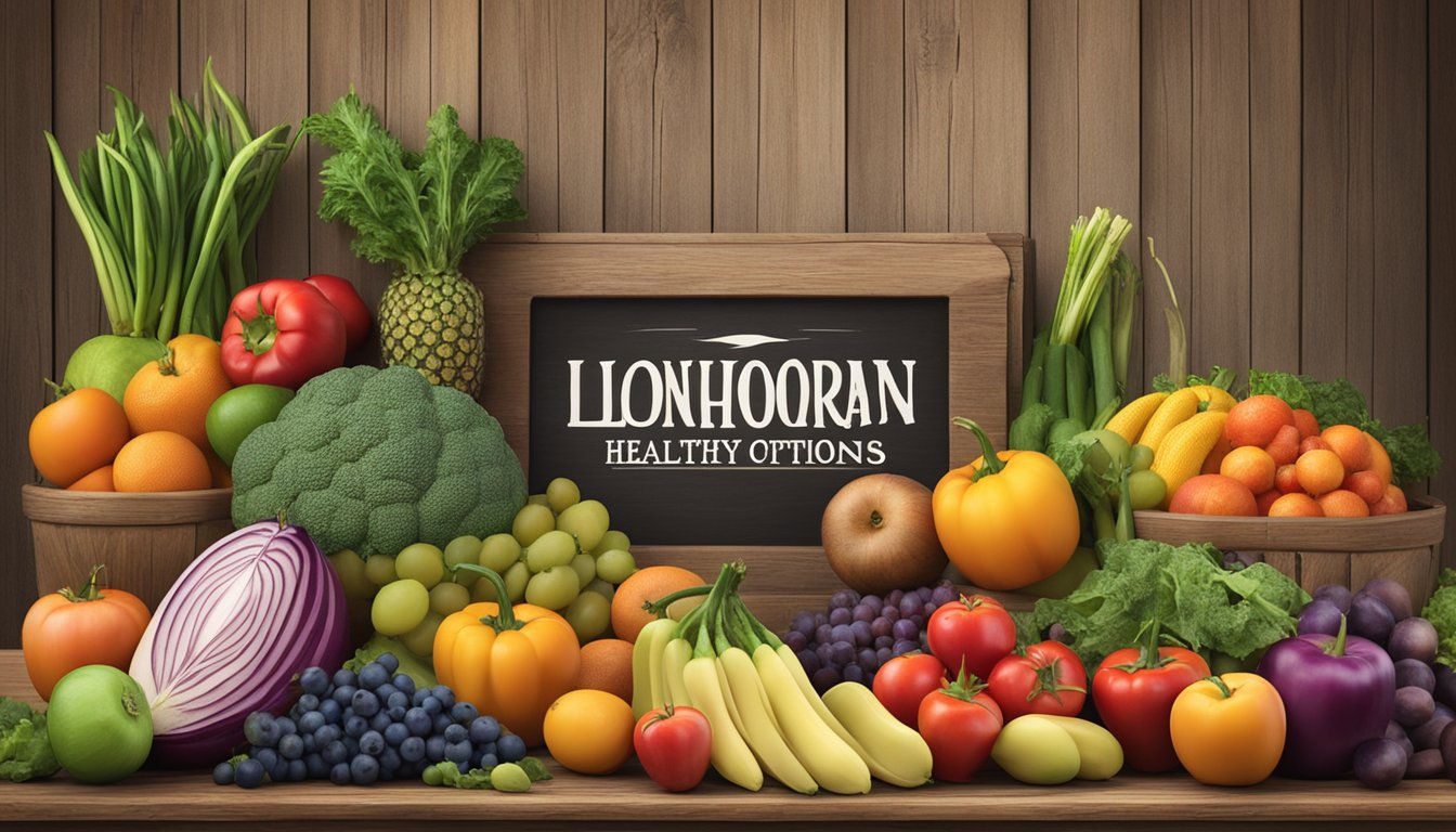 A colorful display of fresh fruits and vegetables arranged on a rustic wooden table, with a sign promoting "Longhorn Healthy Options" and seasonal offerings