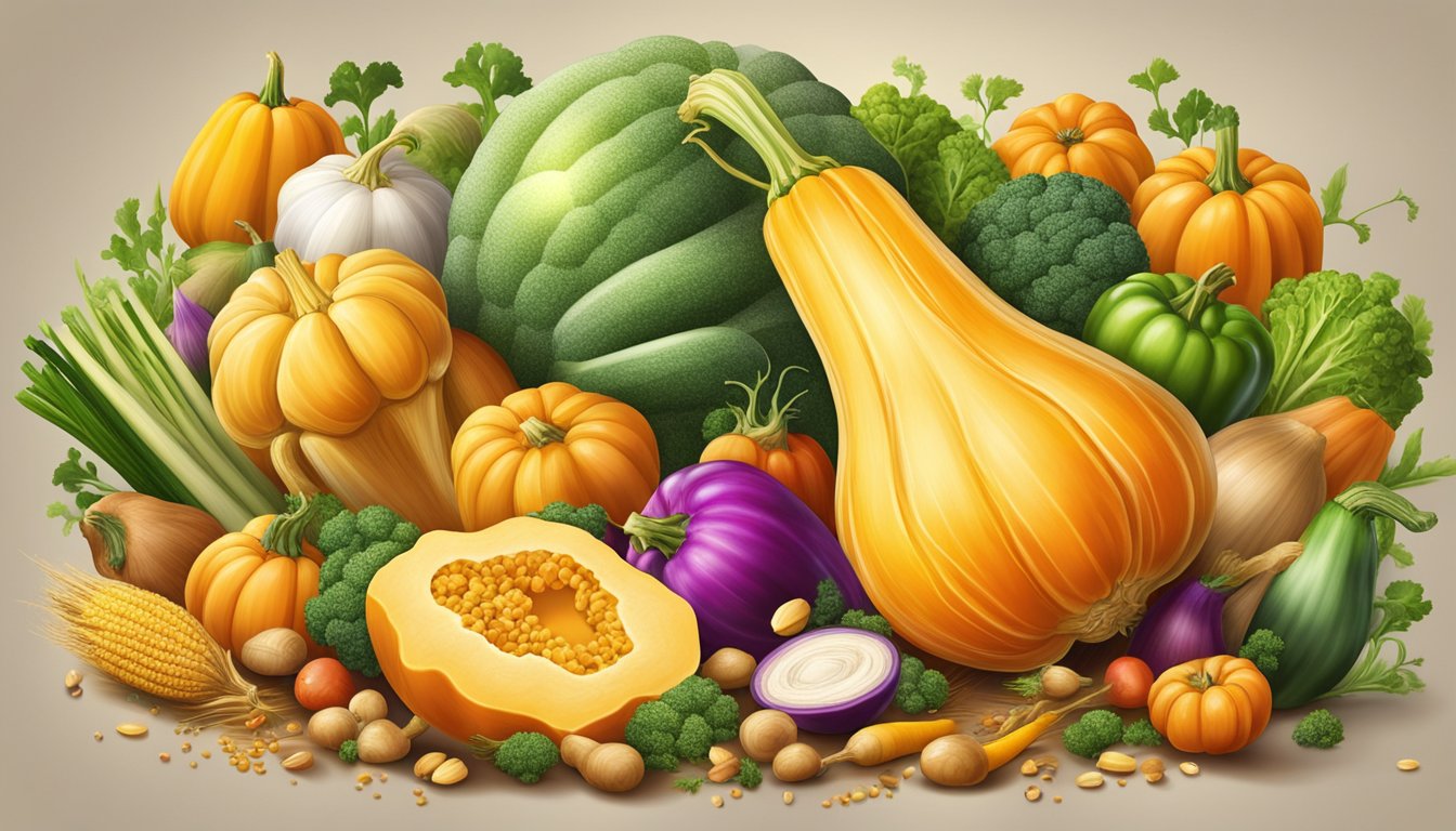 A vibrant butternut squash surrounded by fresh, colorful vegetables and grains, with a golden glow emanating from the center