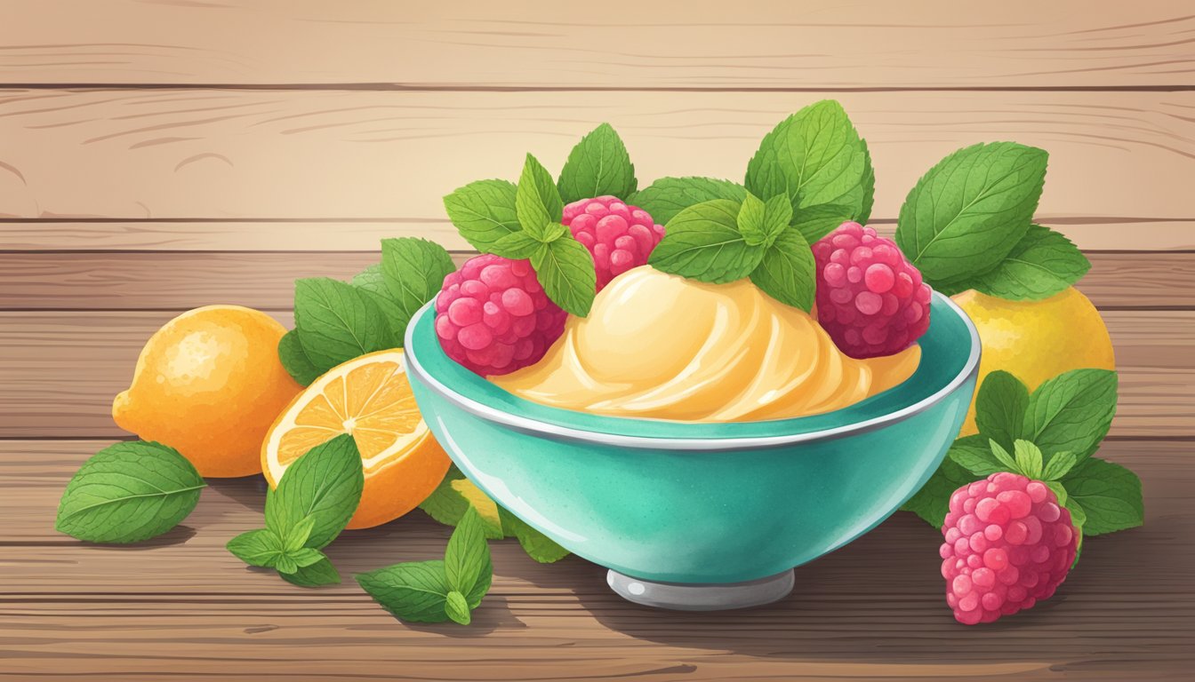 A bowl of gluten-free sorbet sits on a rustic wooden table, surrounded by fresh fruit and mint leaves. The sorbet has a smooth and creamy texture, with a vibrant color that suggests it's freshly made