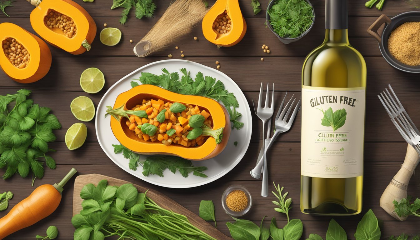 A gluten-free stuffed butternut squash sits on a rustic wooden table, surrounded by fresh herbs, vibrant vegetables, and a bottle of white wine