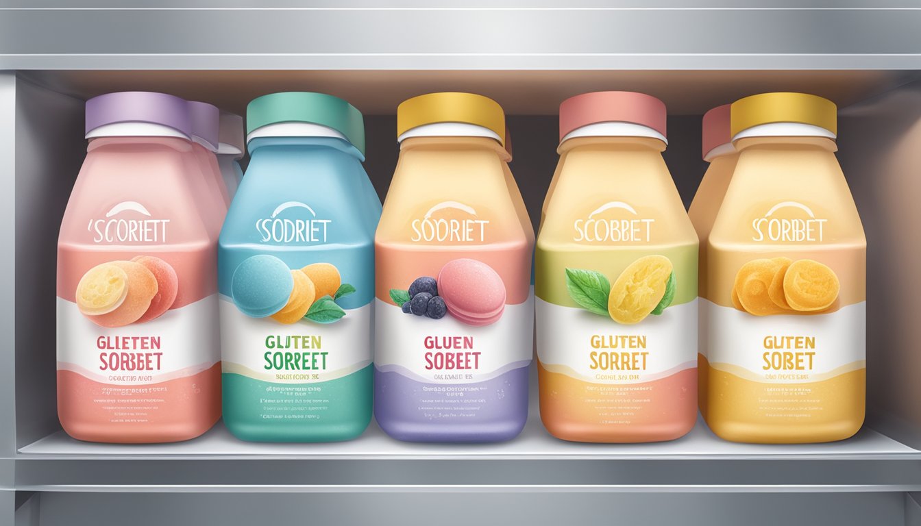 A colorful carton of gluten-free sorbet sits in a freezer, surrounded by frost