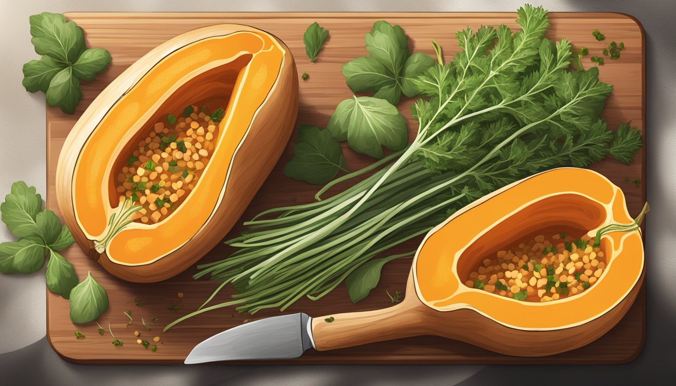 A gluten-free stuffed butternut squash sits on a wooden cutting board, surrounded by fresh herbs and spices. The squash is intact and shows no signs of spoilage