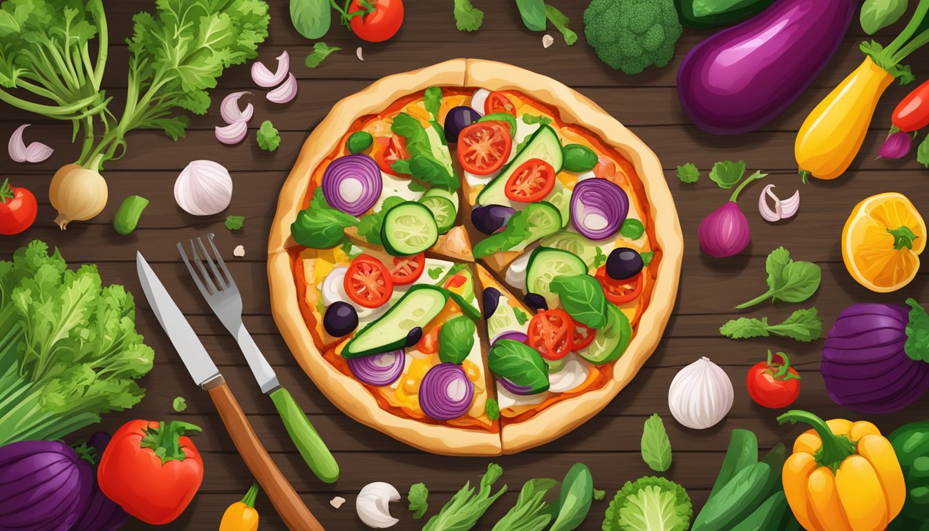 A freshly baked gluten-free veggie pizza sits on a rustic wooden table, surrounded by colorful and vibrant vegetables