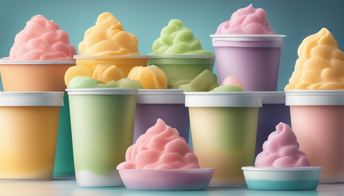 A colorful pint of gluten-free sorbet sits on a clean, organized freezer shelf, surrounded by other frozen desserts