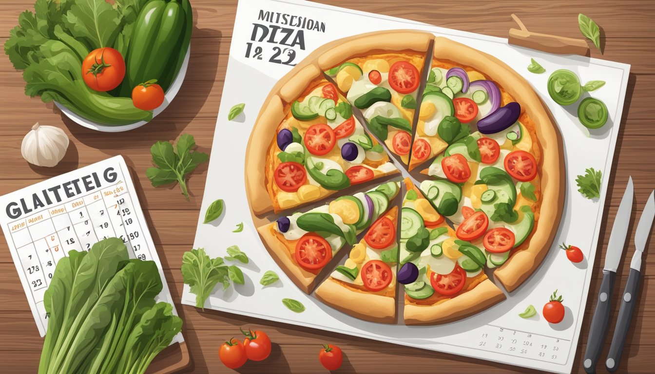 A gluten-free veggie pizza sits on a kitchen counter, surrounded by fresh vegetables and a calendar marking the date of its creation