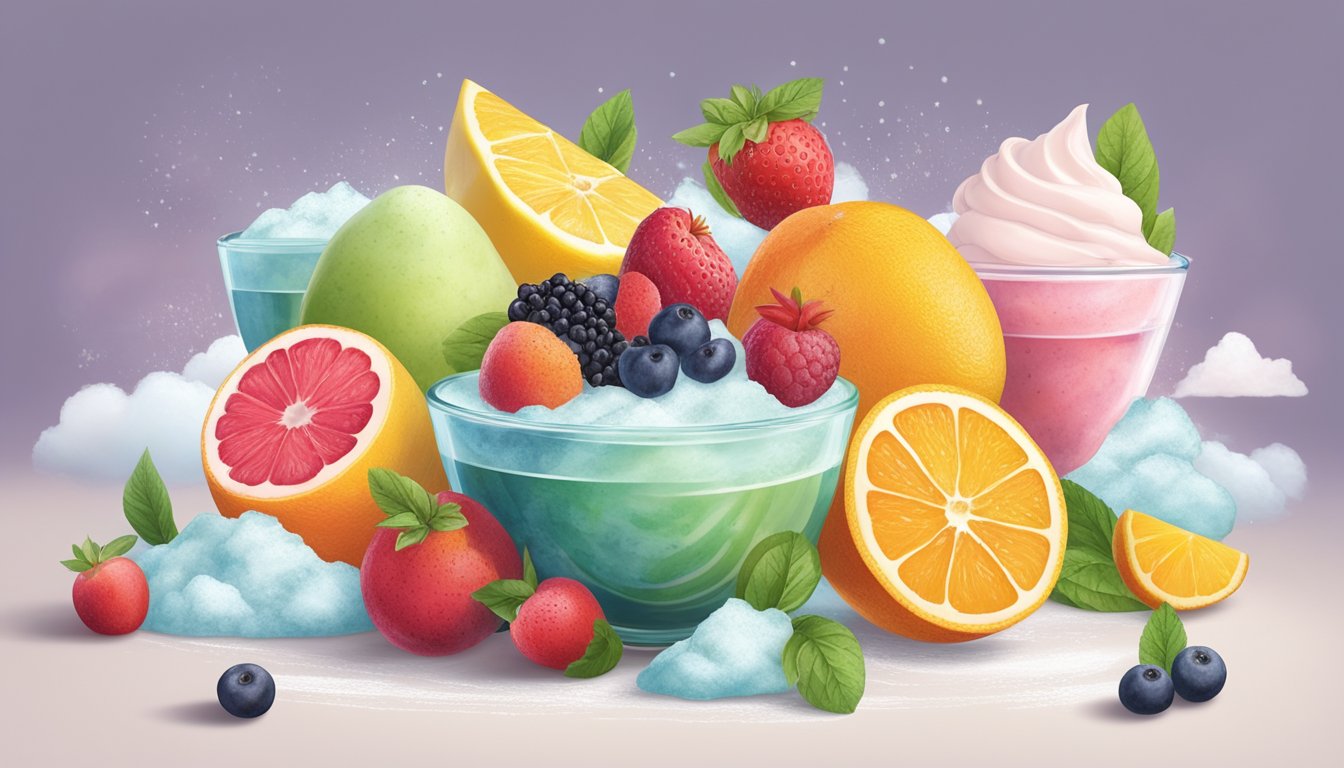 A colorful array of ripe fruits and herbs, surrounded by swirling clouds of frosty sorbet, each labeled with its unique gluten-free flavor and expiration date