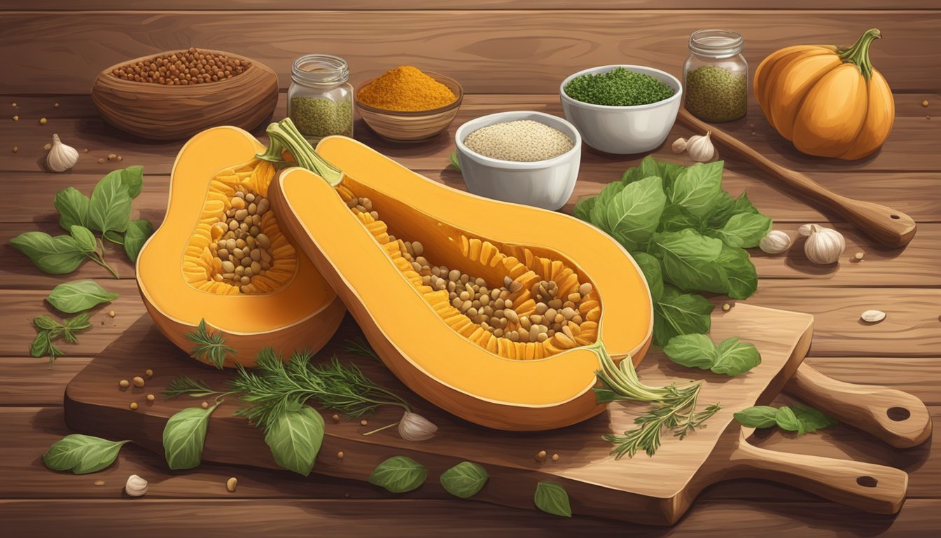 A butternut squash stuffed with gluten-free ingredients sits on a rustic wooden table, surrounded by fresh herbs and spices