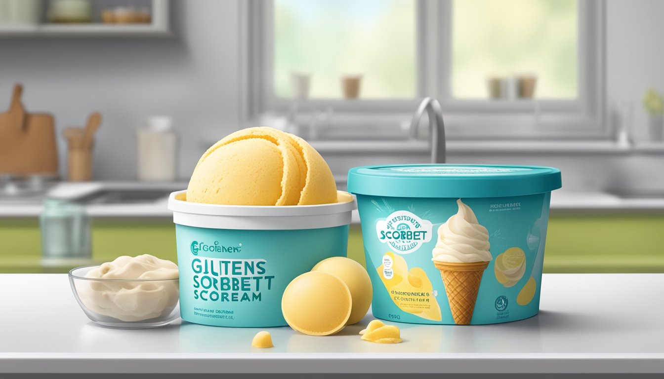 A kitchen counter with a container of gluten-free sorbet next to a box of regular ice cream, emphasizing the importance of preventing cross-contamination