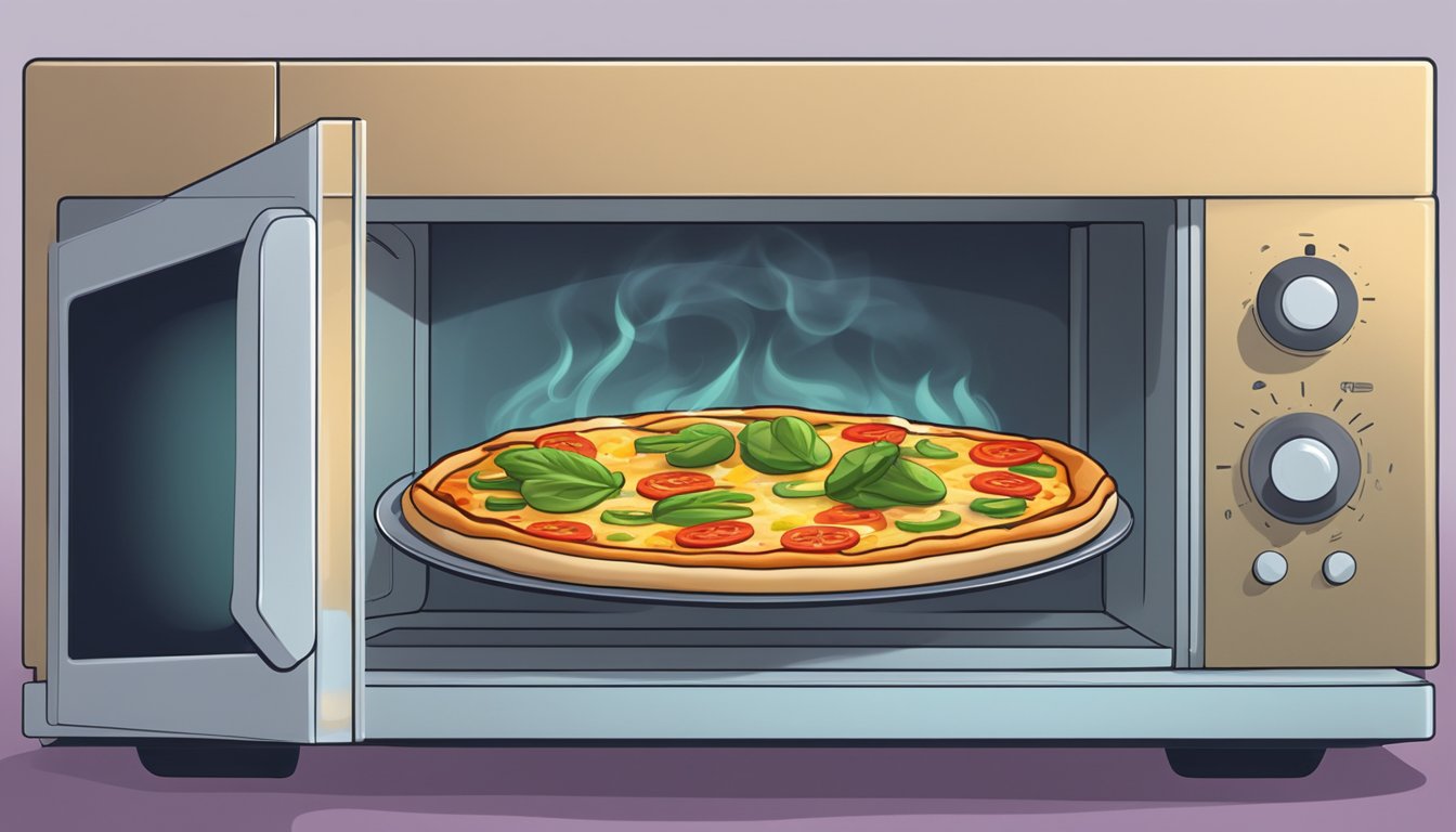 A slice of gluten-free veggie pizza sits on a plate, being reheated in a microwave. Steam rises from the hot food